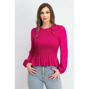 NWT LEYDEN Women's XS Top Pink Purple Smocked Long Sleeve Jewel Neck NEW